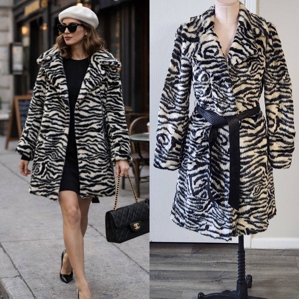 Karl Lagerfeld Black and White Zebra Print Teddy Jacket